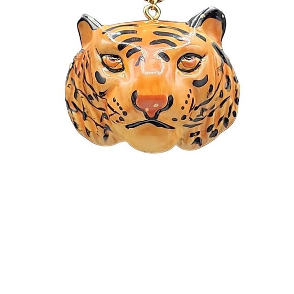 Tiger Head Pendant Necklace 22" Gold Plated Box Chain Handmade Large Statement - Picture 15 of 16